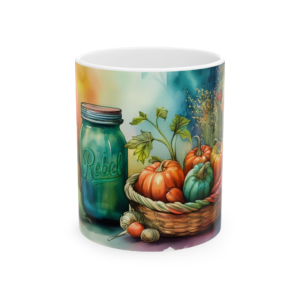 Autumn Harvest Ceramic Mug – Pumpkin Basket & Mason Jar Fall Coffee Cup (11oz/15oz)
