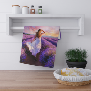 Lavender Fields Tea Towel – Woman in White Dress Scenic Kitchen Towel