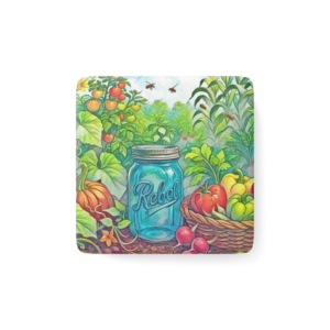 Garden Harvest Porcelain Magnet — Mason Jar & Fresh Produce Illustration