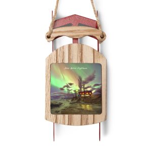 Rustic Wooden Point Betsie Sled Ornaments - Holiday Decor with Northern Lights Design