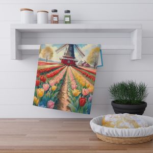 Windmill & Tulip Field Tea Towel — Colorful Dutch Spring Kitchen Towel