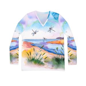 Women's Artistic Dragonfly V-Neck Shirt, Watercolor Beach Art Top, Perfect Gift for Nature Lovers, Summer Style, Eco-Friendly Fashion
