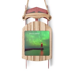 Rustic Charlevoix Lighthouse Sled Ornament - Charming Northern Lights Design for Holiday Décor