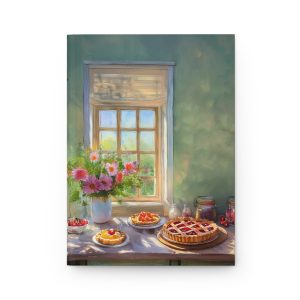 Cozy Kitchen Window Hardcover Journal — Floral Bouquet & Fresh Pie Scene