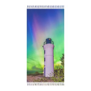 Empire Lighthouse - Colorful Aurora Fringe Beach Towel