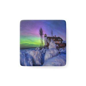 Aurora Lighthouse Square Porcelain Magnet - Scenic Winter Decor